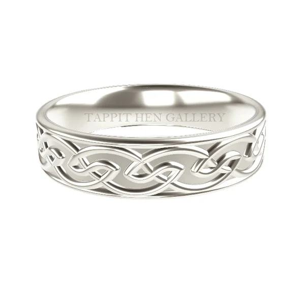 Men's Tungsten Carbide Wedding Bands with a Matte Finish and Grooved Details for a Modern and Durable Option5MM COMFY FIT EDINBURGH CELTIC KNOTWORK RING IN 9CT WHITE GOLD