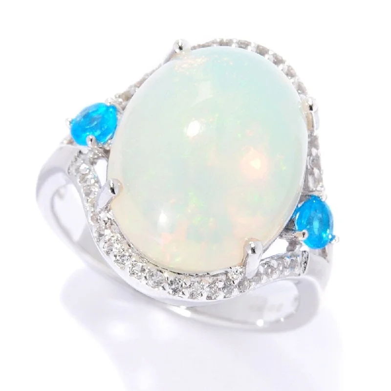 Emerald Gemstone Rings Set in Platinum with Filigree Work for a Vintage - Inspired LookSterling Silver Ethiopian Opal, Neon Apatite & White Topaz Ring