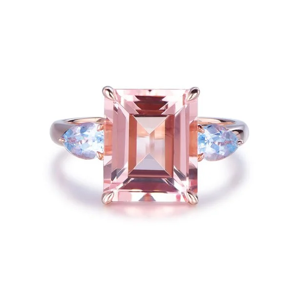 Men's Agate Engagement Rings in Sterling Silver with a Mosaic - Style Inlay7ct Emerald Cut Morganite Pear Aquamarines Three-stone Ring