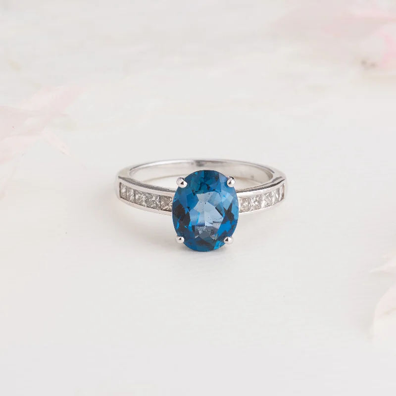 Art Deco - Inspired Wedding Bands with Geometric Patterns in Platinum for a Retro and Glamorous Style9K White Gold Oval London Blue Topaz Diamond Shoulders Ring 0.5tdw