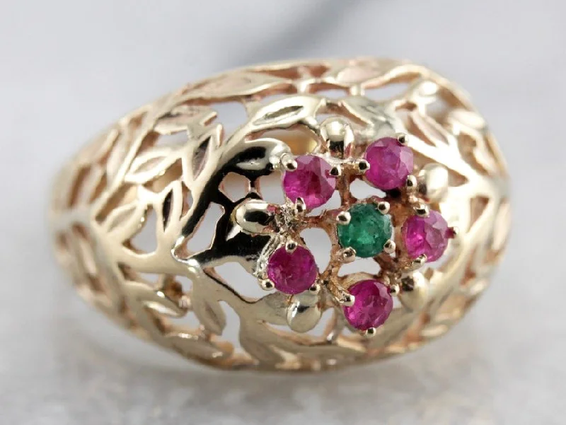 Agate Gemstone Rings in Sterling Silver with a Mosaic - Inspired Inlay for a Bohemian StyleHigh Domed Leaf Motif Emerald and Ruby Cluster Ring