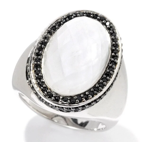 Moonstone Gemstone Rings in Silver - Plated Copper with a Celtic - Inspired Pattern for a Mystical VibeSterling Silver 7ct TGW Oval White Quartz Cabochon and Black Spinel Ring