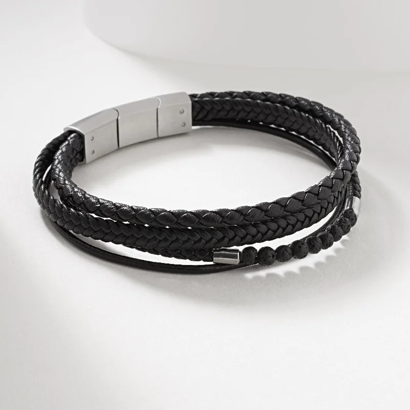 Art Deco - Inspired Wedding Bands with Geometric Patterns in Platinum for a Retro and Glamorous StyleStainless Steel And Black Leather Multi Row Bracelet