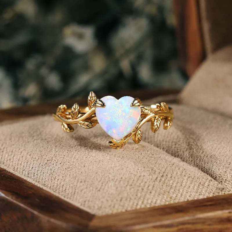 Men's Sapphire Engagement Rings in 18K White Gold with Pave Diamond AccentsGemsMagic Nature Inspired Heart Shaped Opal Ring