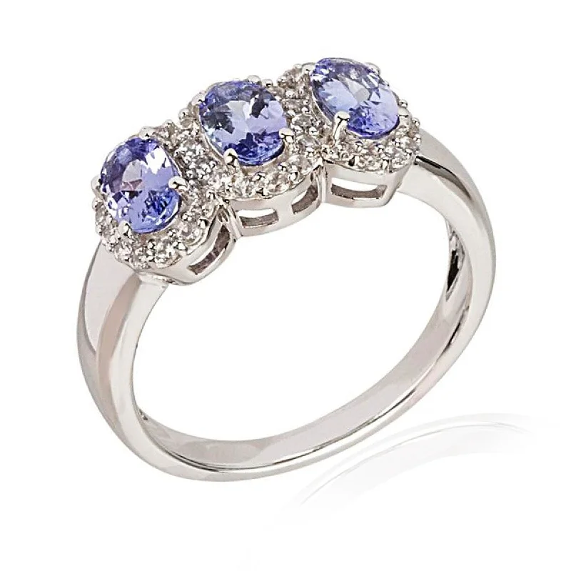 Amethyst Gemstone Rings in Sterling Silver with a Halo of Cubic Zirconia for a Budget - Friendly Luxury925 Sterling Silver Tanzanite And White Natural Zircon 3-Stone Ring