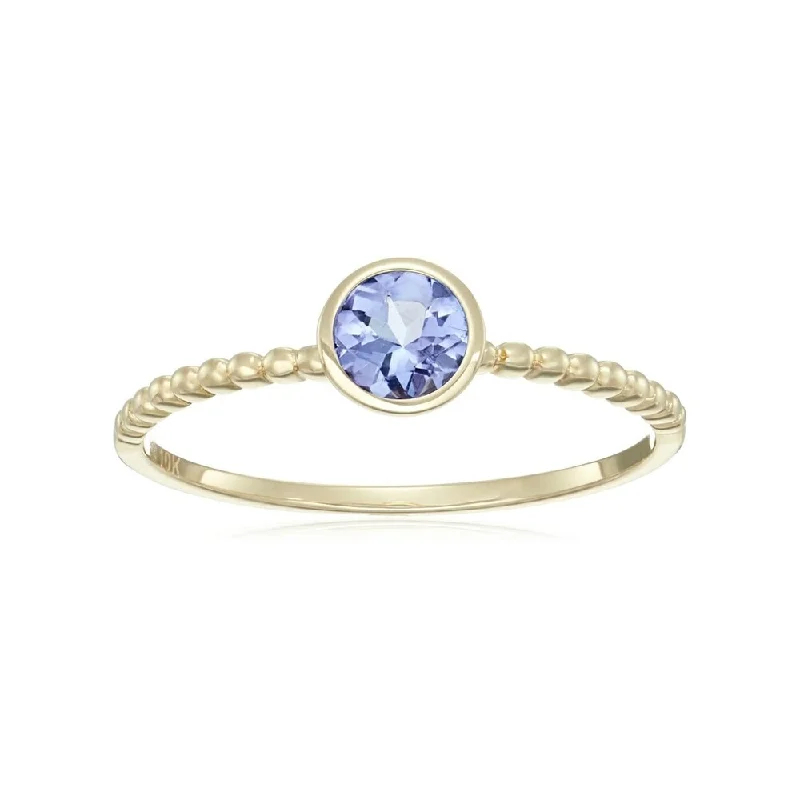 Aquamarine Gemstone Rings in 9K Gold with a Bezel Setting for a Modern and Secure Fit10k Yellow Gold Tanzanite Round Solitaire Beaded Shank Stackable Ring