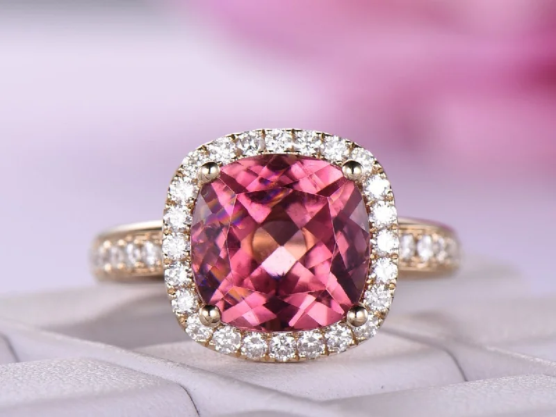 Men's Garnet Engagement Rings in 18K Gold Vermeil with Intricate Engraved DetailsCushion Pink Tourmaline Diamond Halo Engagement Ring 14K Yellow Gold