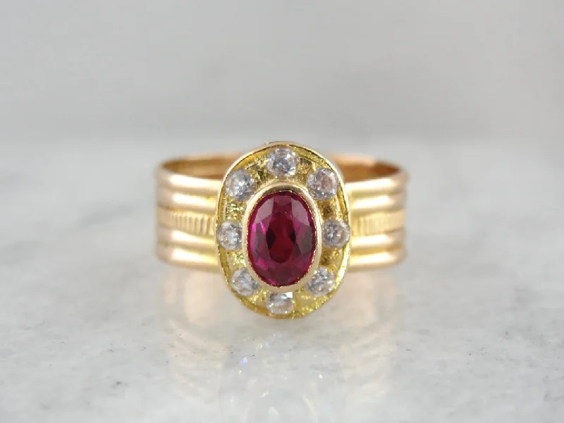 Tanzanite Gemstone Rings in 10K Gold with a Trilogy Design for a Sophisticated GiftSynthetic Ruby and White Zircon Halo Ring in Yellow Gold, Made with Vintage Parts