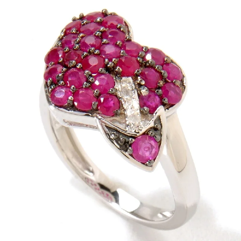 Emerald Gemstone Rings Set in Platinum with Filigree Work for a Vintage - Inspired LookPlatinum o/ Silver 1.67ctw Ruby Diamond Heart & Arrow Ring, Size 7 - Red