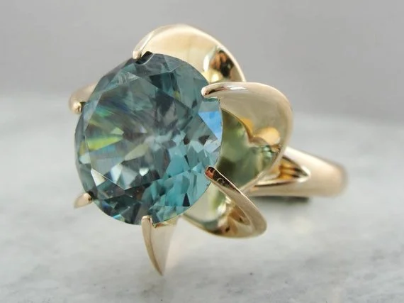 Opal Gemstone Rings in Rose Gold with a Milgrain Edge for a Feminine and Romantic StyleBlue Zircon Cocktail Ring, Vintage Blue Zircon Ring, Mid Century Statement Ring