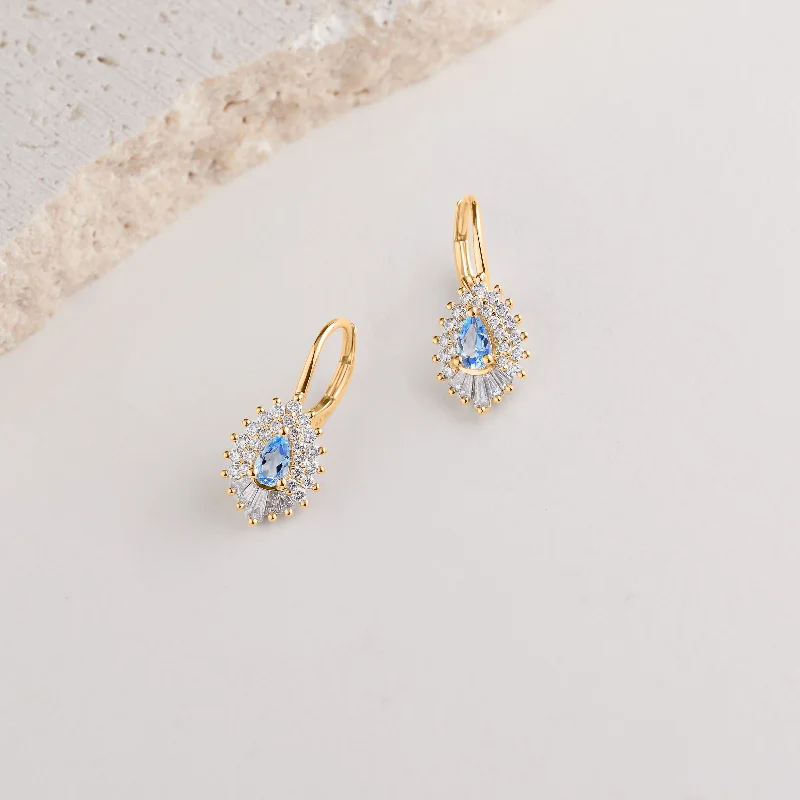 Rose Gold - Plated Engagement and Wedding Band Sets with a Halo of Cubic Zirconia for a Glamorous and Affordable Look9K Yellow Gold Pear London Blue Topaz and Diamond Vintage Earrings 0.55tdw