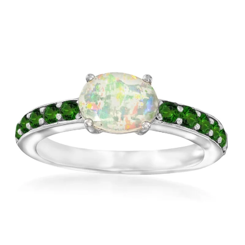 Opal Gemstone Rings in Rose Gold with a Milgrain Edge for a Feminine and Romantic Style925 Sterling Silver Ethiopian Opal and Chrome Diopside Ring