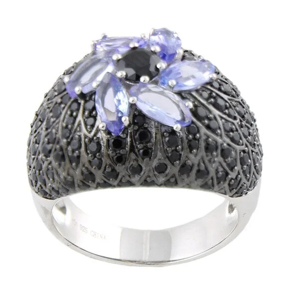 Peridot Gemstone Rings in 14K Gold - Filled Metal with a Pave - Set Band for a Sparkling LookSterling Silver 3 7/8ct Tanzanite and Black Spinel Flower Dome Ring