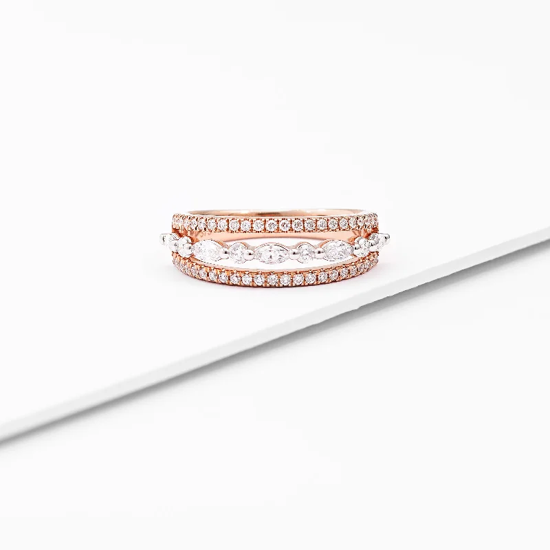 Two - Tone Gold and Silver Wedding Bands with a Twist Design for a Contemporary and Eye - Catching Style9K Rose Gold Marquise And Round Brilliant Lab Diamond Floating Centre 3 Row Band Ring 0.70tdw