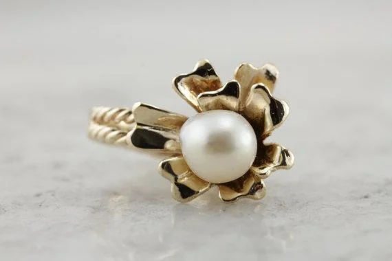 Opal Gemstone Rings in Rose Gold with a Milgrain Edge for a Feminine and Romantic StyleVintage Floral Ring with White Pearl Center