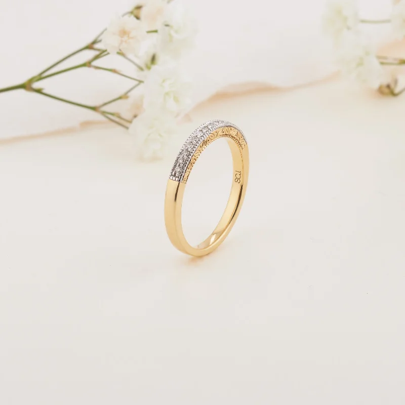 Art Deco - Inspired Wedding Bands with Geometric Patterns in Platinum for a Retro and Glamorous Style18K Yellow Gold Bead Set Diamond Milgrain Wedder or Eternity Ring 0.12tdw