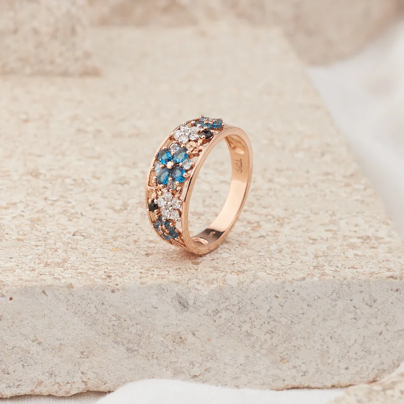 Men's Carbon Fiber - Inlaid Wedding Bands in Stainless Steel for a High - Tech and Stylish Design9K Rose Gold Blue Topaz, Black Sapphire and Diamond Flower Dress Ring