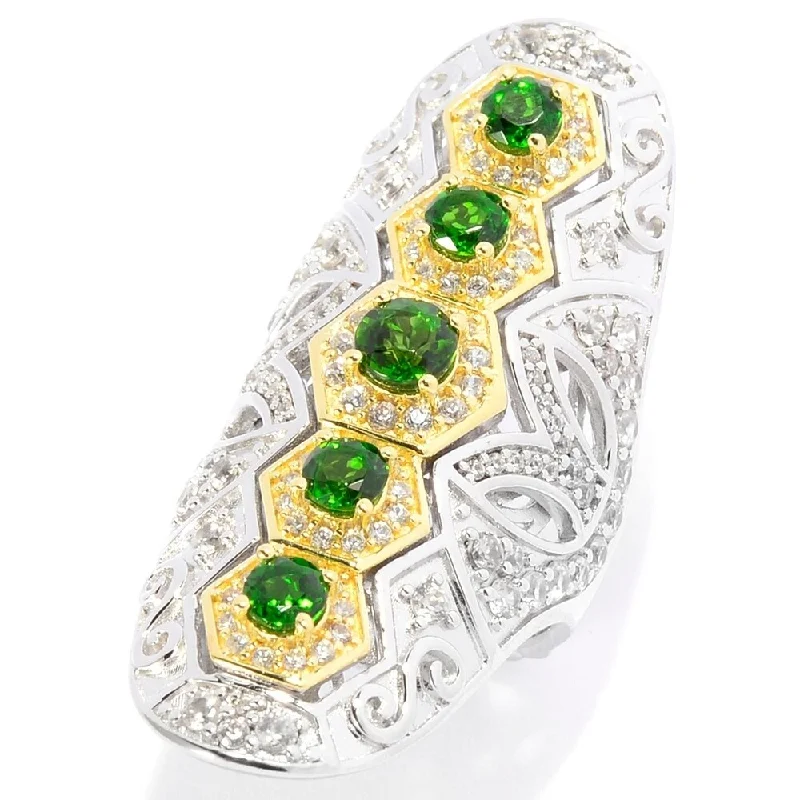 Agate Gemstone Rings in Sterling Silver with a Mosaic - Inspired Inlay for a Bohemian StyleChrome Diopside & White Zircon Cut-out Scrollwork Elongated Ring