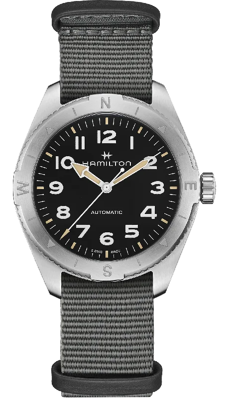 Men's Tungsten Carbide Wedding Bands with a Matte Finish and Grooved Details for a Modern and Durable OptionHamilton Khaki Field Expedition Auto