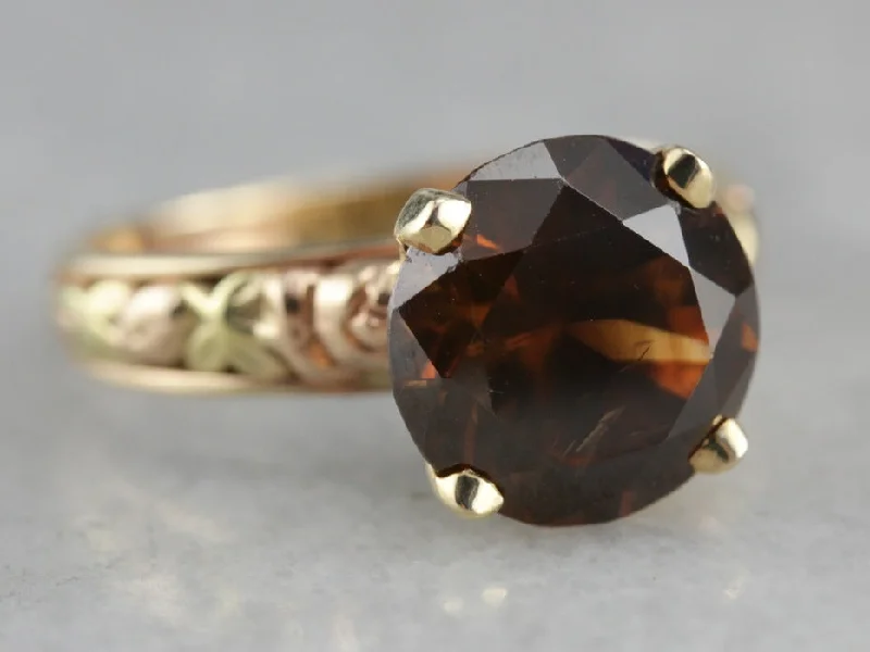 Topaz Gemstone Rings in 10K Gold with a Channel - Set Design for a Contemporary and Durable OptionBrown Zircon in Vintage Tri Color Gold Ring