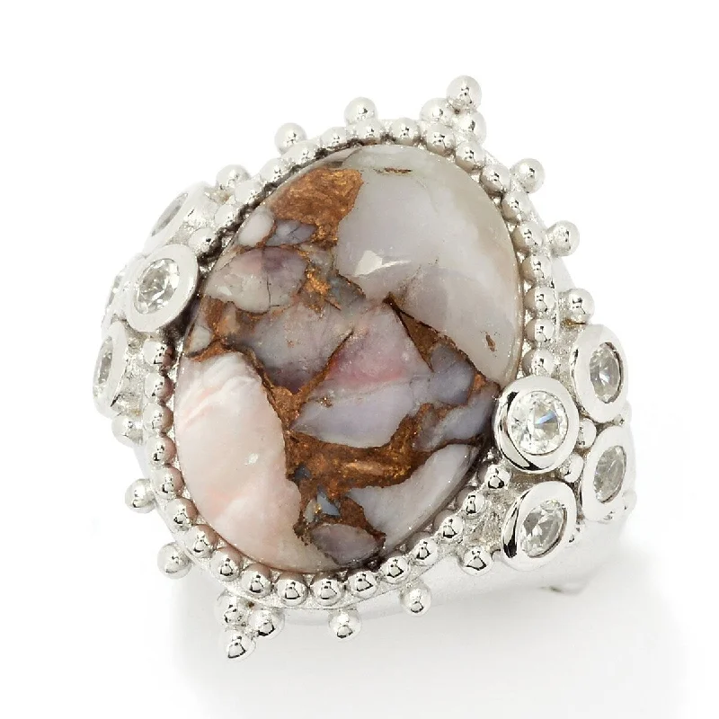 Agate Gemstone Rings in Sterling Silver with a Mosaic - Inspired Inlay for a Bohemian StyleDallas Prince Sterling Silver 18x13mm Pink Opal Mosaic & Zircon Oval Ring