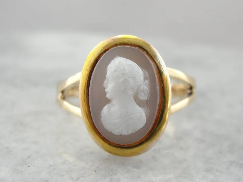 Garnet Gemstone Rings in 18K Gold Vermeil with Intricate Engravings for a Traditional AestheticVintage Hardstone Cameo Ring in Polished Gold Spit Shank Setting