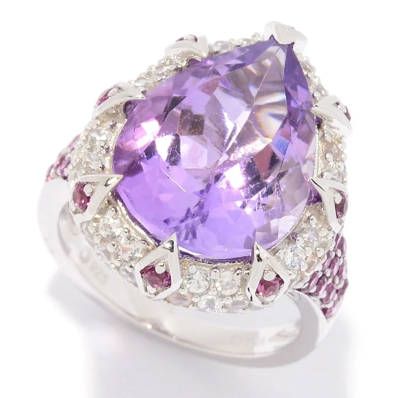 Emerald Gemstone Rings Set in Platinum with Filigree Work for a Vintage - Inspired LookSterling Silver Pear Cut Pink Amethyst & White Zircon Ring