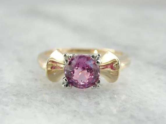 Sapphire Gemstone Rings in 18K White Gold with Diamond Accents for an Elegant EngagementRetro Pink Sapphire Ring, 14K Yellow and White Gold Bow Shape