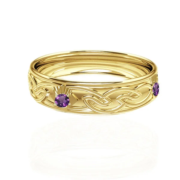 Platinum Celtic - Inspired Wedding Bands with Intricate Knotwork Patterns for a Symbolic and Stylish ChoiceCeltic Flow Amethyst Thistle Wedding Ring