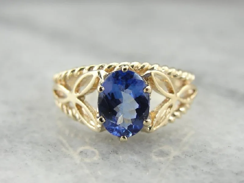 Moonstone Gemstone Rings in Silver - Plated Copper with a Celtic - Inspired Pattern for a Mystical VibeTanzanite and Yellow Gold Ring with Filigree Trieskel Mounting