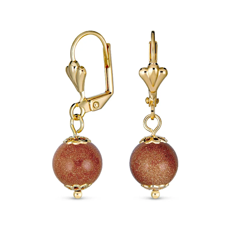 Lightweight drop earrings for all - day comfortClassic Round Brown Goldstone Drop Ball Earrings 18K Gold Plated 8MM