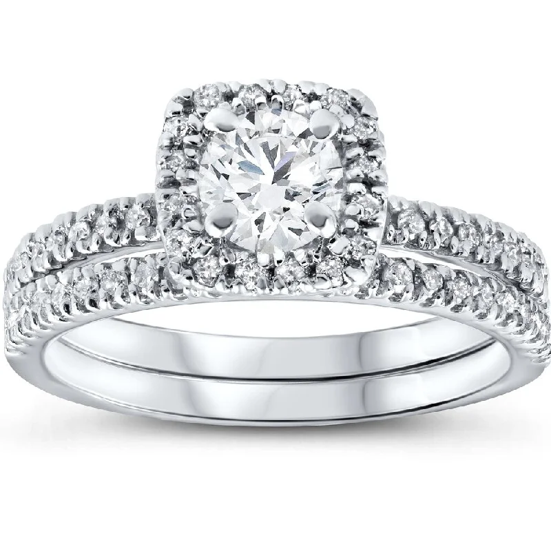 Pear - Shaped Engagement Rings in Yellow Gold with a Diamond - Encrusted Band10k White Gold 1ct TDW White Diamond Cushion Halo Bridal Set