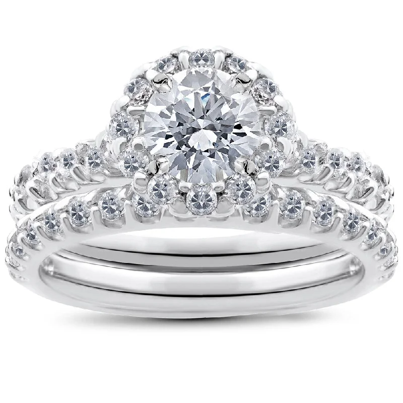 Pear - Shaped Engagement Rings in Yellow Gold with a Diamond - Encrusted Band14k White Gold 1 1/2ct TDW Diamond Halo Bridal Set