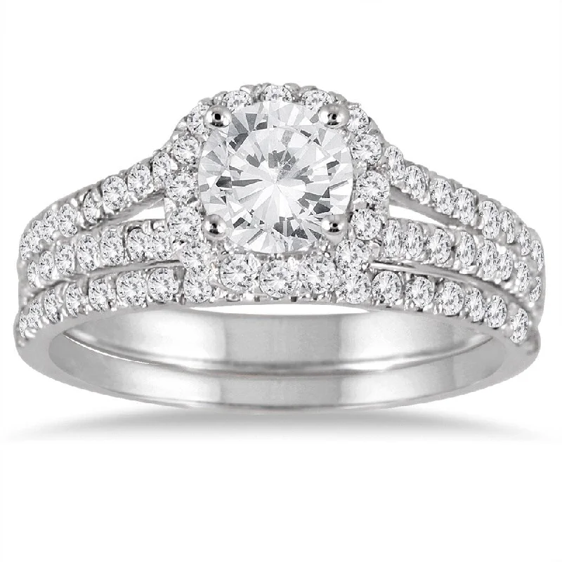 Vintage - Inspired Engagement Rings with Filigree Work and Emerald - Cut Center Stone14k White Gold 1 1/2ct TDW Round Diamond Halo Bridal Set