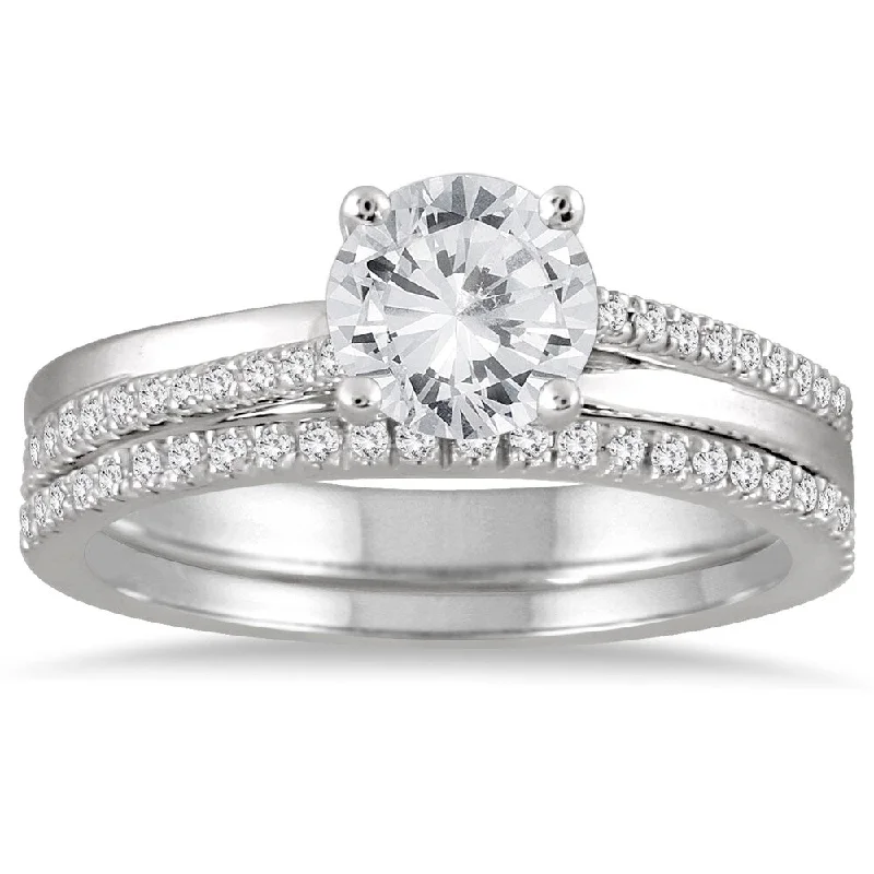 Art Deco Engagement Rings with Geometric Patterns and Baguette - Cut Diamond Accents14k White Gold 1 1/4ct TDW Diamond Bridal Set