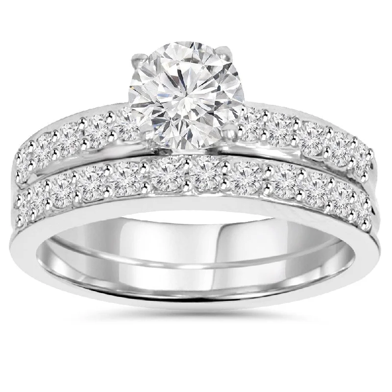 Solitaire Engagement Rings with a High - Clarity Round Diamond and Tapered Band14k White Gold 1 1/4ct TDW Pave Diamond Bridal Set