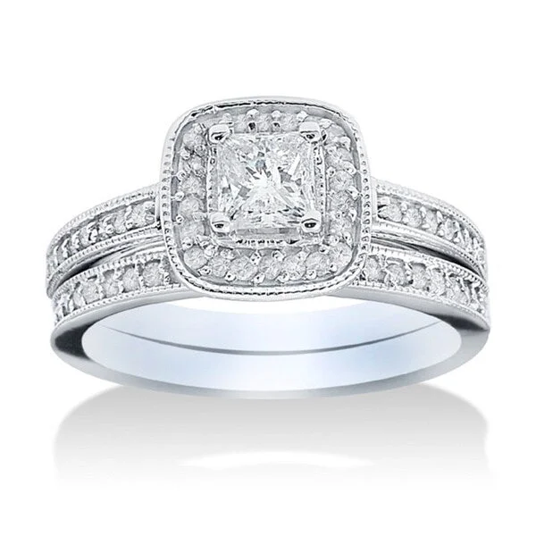 Art Deco Engagement Rings with Geometric Patterns and Baguette - Cut Diamond Accents14k White Gold 1 1/6ct TDW Halo Diamond Bridal Set - White Gold - White Gold