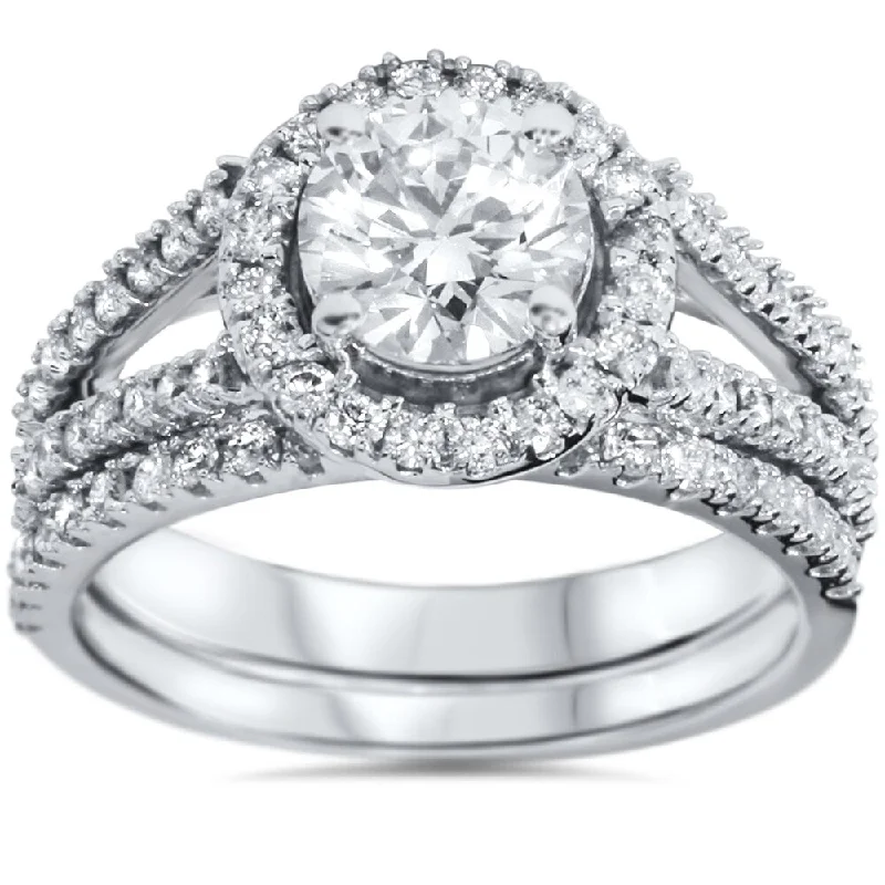 Three - Stone Engagement Rings Symbolizing Love's Past, Present, and Future with Asscher - Cut Diamonds14k White Gold 1 3/4 ct TDW White Diamond Split Shank Halo Bridal Set