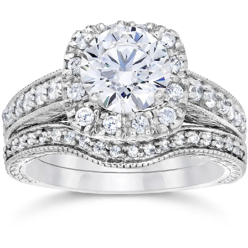 Marquise Cut Engagement Rings with a Channel - Set Diamond Band14k White Gold 1 3/4ct Clarity Enhanced Diamond Halo Vintage Bridal Set