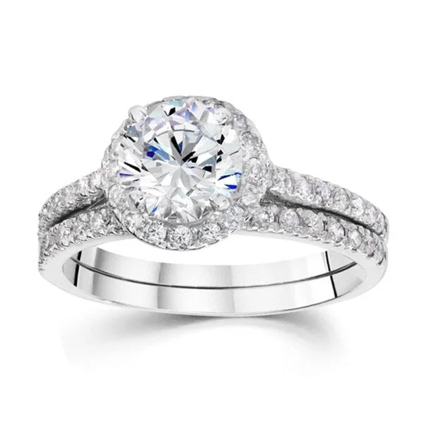 Adjustable Engagement Rings with a Flexible Band and a Princess - Cut Center Diamond14k White Gold 1 5/8ct TDW Halo Diamond Bridal Set