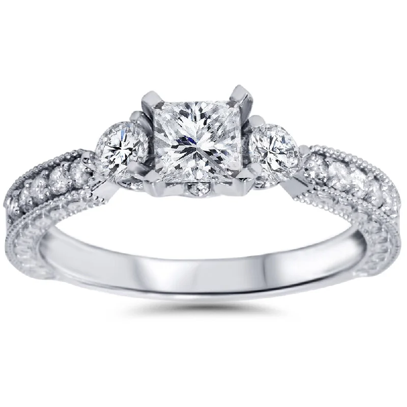 Vintage - Inspired Engagement Rings with Filigree Work and Emerald - Cut Center Stone14k White Gold 1ct TDW Princess-cut Diamond Ring