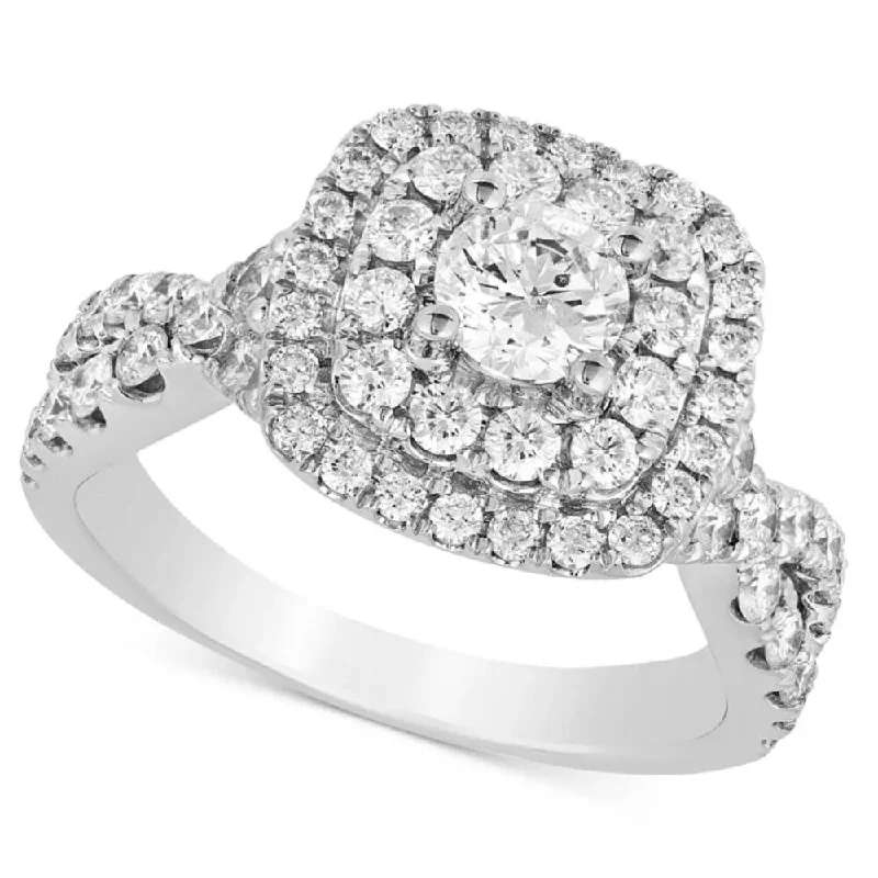 Cushion - Cut Halo Engagement Rings with a Platinum Band and Micro - Pave Details2Ct Diamond Cushion Halo Infinity Twist Band in White Yellow or Rose Gold