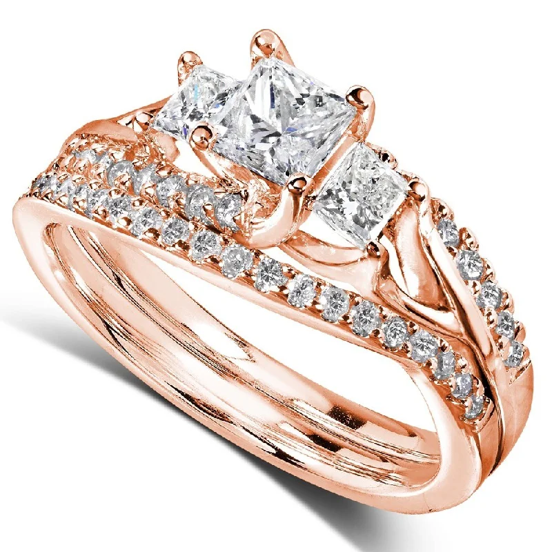 Halo Engagement Rings with a Cushion - Cut Center Diamond and Rose Gold BandAnnello 14k Gold 1-1/10ct TDW Diamond Bridal Rings Set