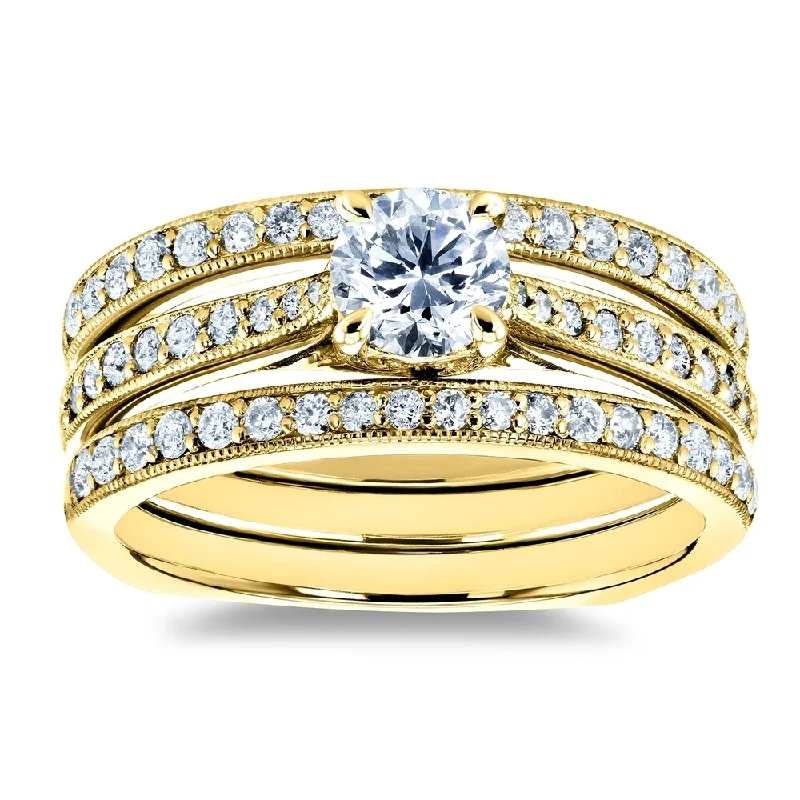 Signature - Design Engagement Rings with a Brand - Exclusive Pattern and Premium DiamondsAnnello by Kobelli 14k Gold 1ct TDW Round Diamond Square European Shank Vintage Trellis 3 Piece Bridal Set