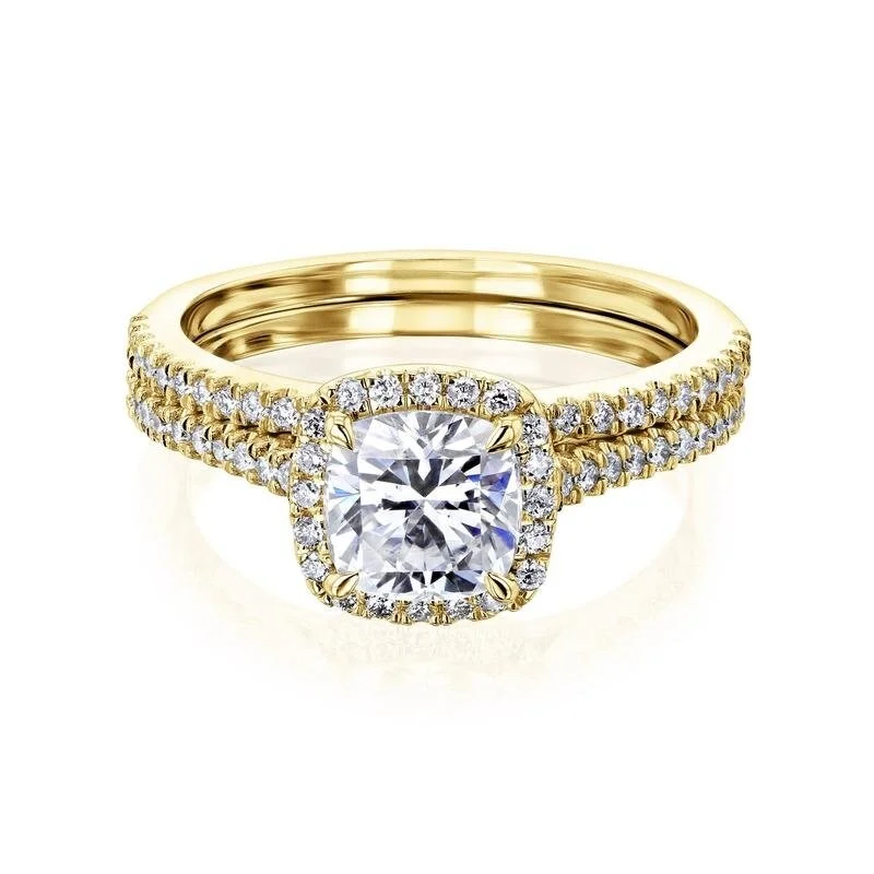 Pear - Shaped Engagement Rings in Yellow Gold with a Diamond - Encrusted BandAnnello by Kobelli 14k Gold Cushion Forever One Moissanite Floating Halo Bridal Set (DEF/VS, GH/I)