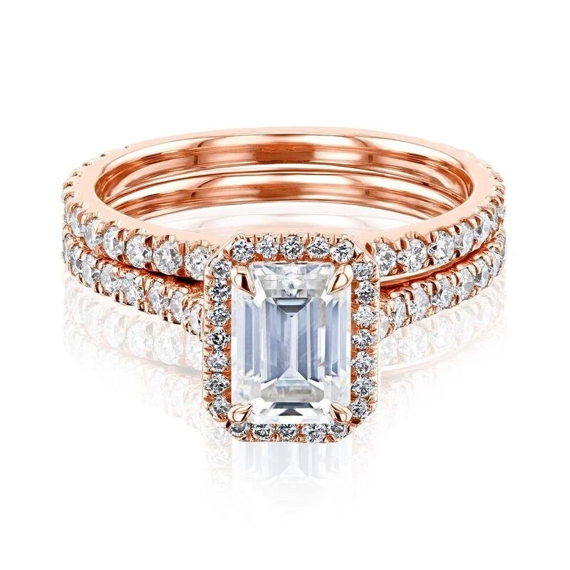 Signature - Design Engagement Rings with a Brand - Exclusive Pattern and Premium DiamondsAnnello by Kobelli 14k Gold Emerald Cut Moissanite Halo Bridal Set (GH/VS, DEF/VS)