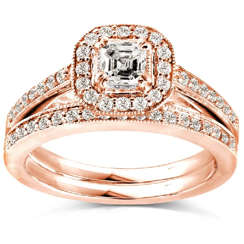 Solitaire Engagement Rings with a High - Clarity Round Diamond and Tapered BandAnnello by Kobelli 14k Rose Gold 5/8ct TDW Asscher Diamond Halo Bridal Set