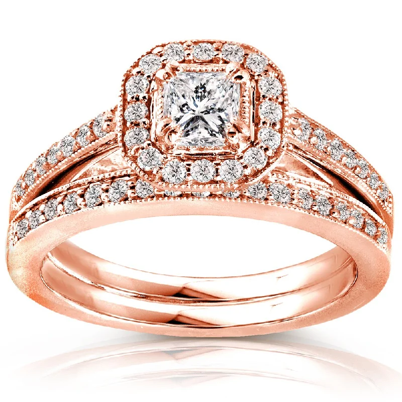 Three - Stone Engagement Rings Symbolizing Love's Past, Present, and Future with Asscher - Cut DiamondsAnnello by Kobelli 14k Rose Gold 5/8ct TDW Princess Diamond Halo Bridal Set