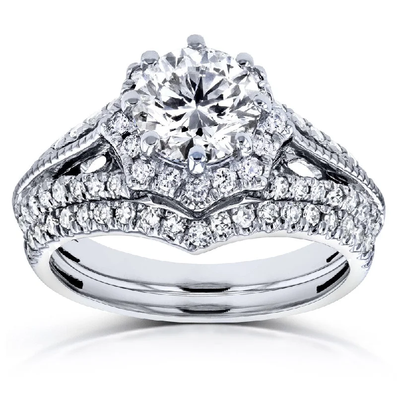 Cathedral - Style Engagement Rings with a Raised Center Stone and Intricate MetalworkAnnello by Kobelli 14k White Gold 1 1/2ct TDW Diamond Star Halo Bridal Set