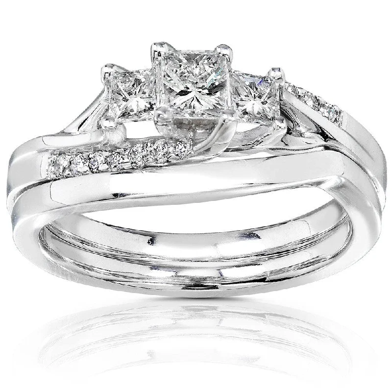 Cathedral - Style Engagement Rings with a Raised Center Stone and Intricate MetalworkAnnello by Kobelli 14k White Gold 1/2ct TDW Princess Diamond 3-Stone Curved Bridal Rings Set